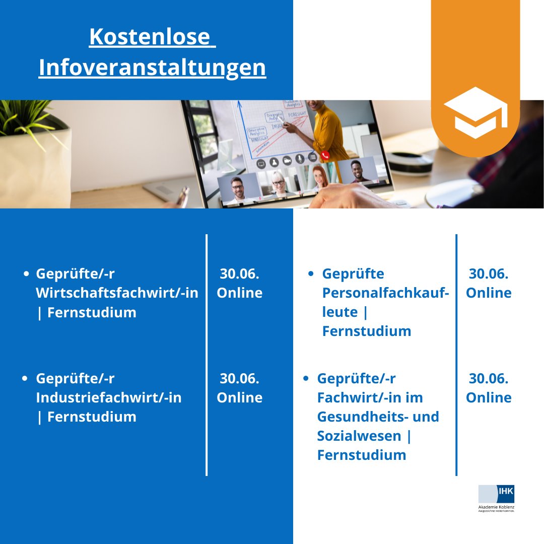 Seid dabei! In vier halbstündigen und kostenfreien Online-Veranstaltungen erfahrt ihr, wie Fernlernen an der IHK-Akademie funktioniert. Und zwar anhand ganz konkreter Kurse, die auf einen IHK-Abschluss vorbereiten. Zur Anmeldung: bit.ly/3tPkRe5 #weiterbildung #koblenz