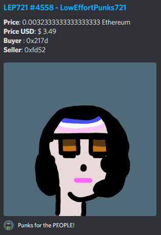 LEP_bot721's tweet photo. A beatiful @LEP721 sold for .00323
Punks for the PEOPLE!
Thank you for your support 
beep boop
0% royalties
Enjoy collecting!
#LEP721 #NFTCommunity #art https://t.co/PViug9ohMC
