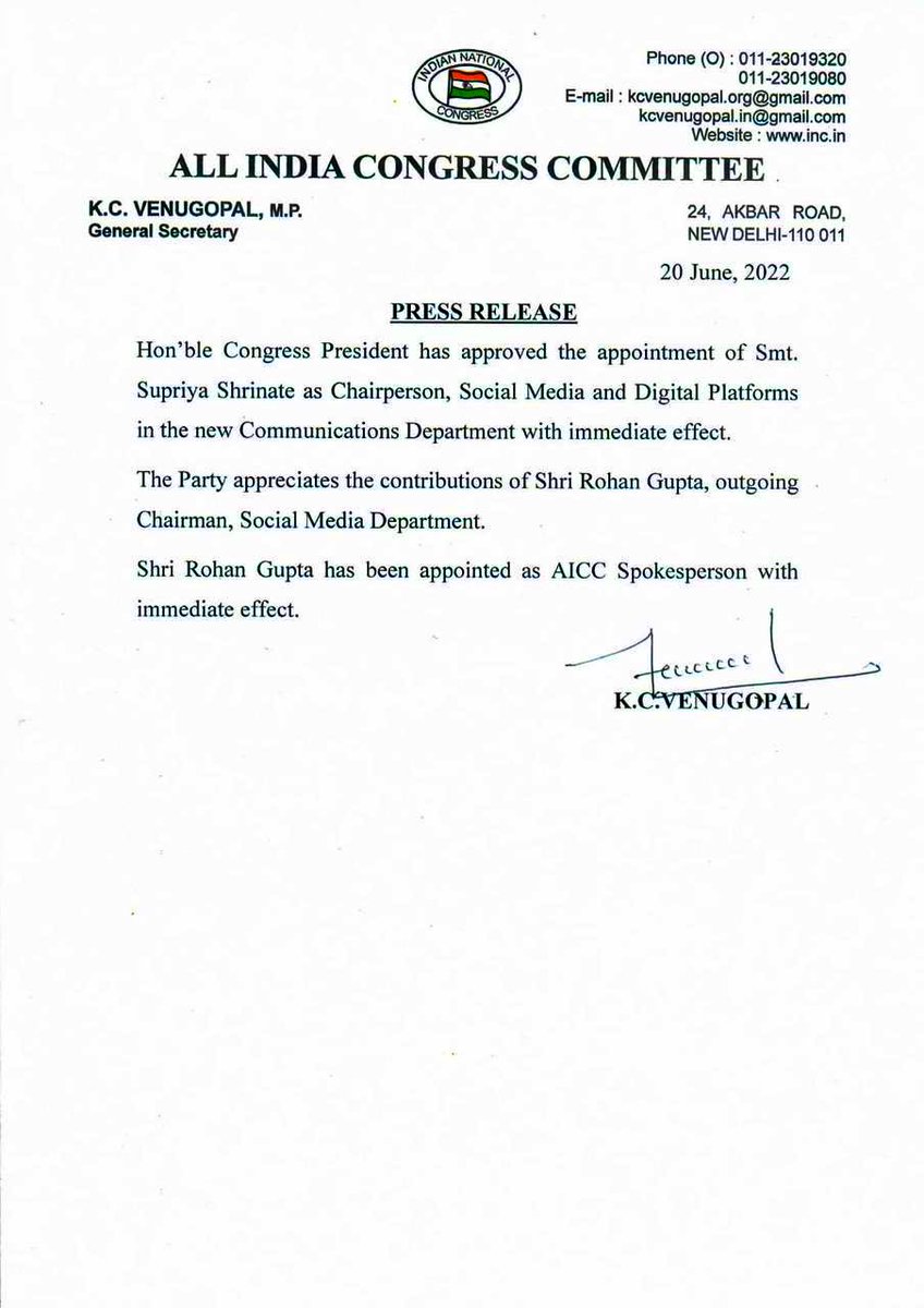 Ms <a href="/SupriyaShrinate/">Supriya Shrinate</a> appointed as new Chairperson of Congress’ Social Media &amp; Digital Platforms with immediate effect