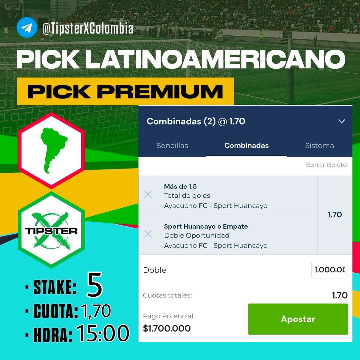 ¡¡ Is 🇵🇪 TIME 🥱 !!!

🔒 Pick Premium 🔒

👤 Apuesta combinada 

📌 Sport Huancayo o empate
📌 Más de 1,5 goles 

🔱 Stake 5

➕️ Más pronósticos en t.me/+nDXTG88Y8YQ5Y…