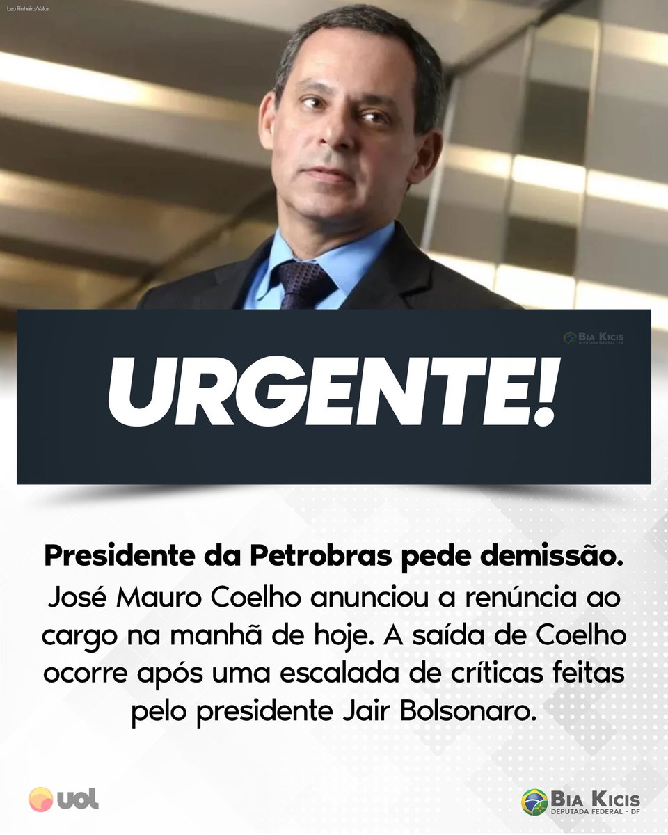 Biakicis's tweet photo. Presidente da Petrobras renunciou ao cargo nesta manhã após forte pressão do Presidente @jairbolsonaro e do Presidente da Câmara @ArthurLira_ https://t.co/RkWqSVgSg1