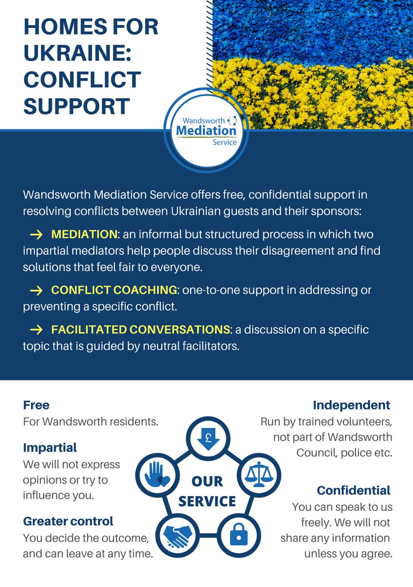 wmsmediation's tweet photo. We #StandWithUkraine. Wandsworth Mediation Service has partnered with @wandbc to provide free conflict resolution support to Ukrainian refugees living in Wandsworth under the #HomesForUkraine Scheme, and their sponsors. Find out more:
https://t.co/7s9mPsQkCB https://t.co/OVt3lHcIFI