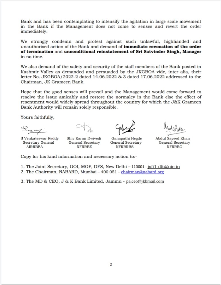 AirrbeaOfficial's tweet photo. The management of J&amp;K grameen Bank unlawfully terminated Satvinder Singh on some Unfounded Allegations on 2days Notice and without giving any reasonable opportunity of hearing.
@FinMinIndia
@JandKBank @DFS @nsitharaman @NABARDOnline 
We want #Reinstatement of MR. #SatvinderSingh. https://t.co/pH8F5UoQx0