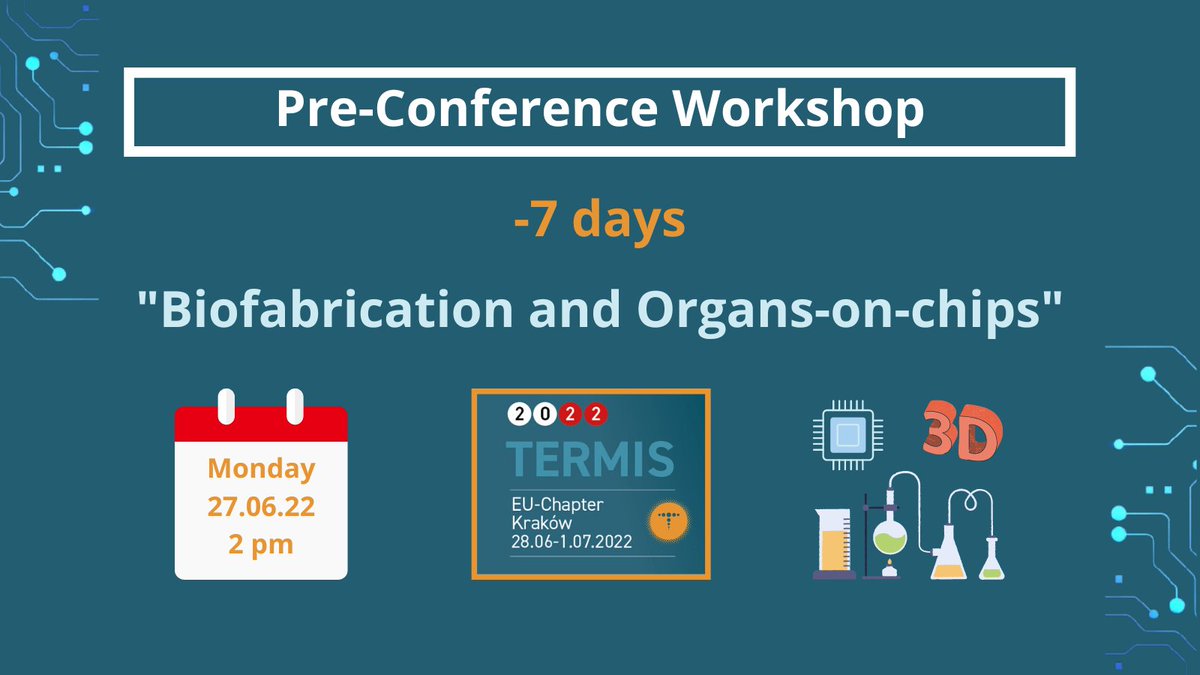 -7⃣days to our #TermisEU2022 Pre-Conference Workshop 🪛🛠️
An interactive session on #TissueEngineering and #RegenerativeMedicine designed and tailored to provide inspiring insights in the field of #biofabrication and #OrganOnAChip technologies.