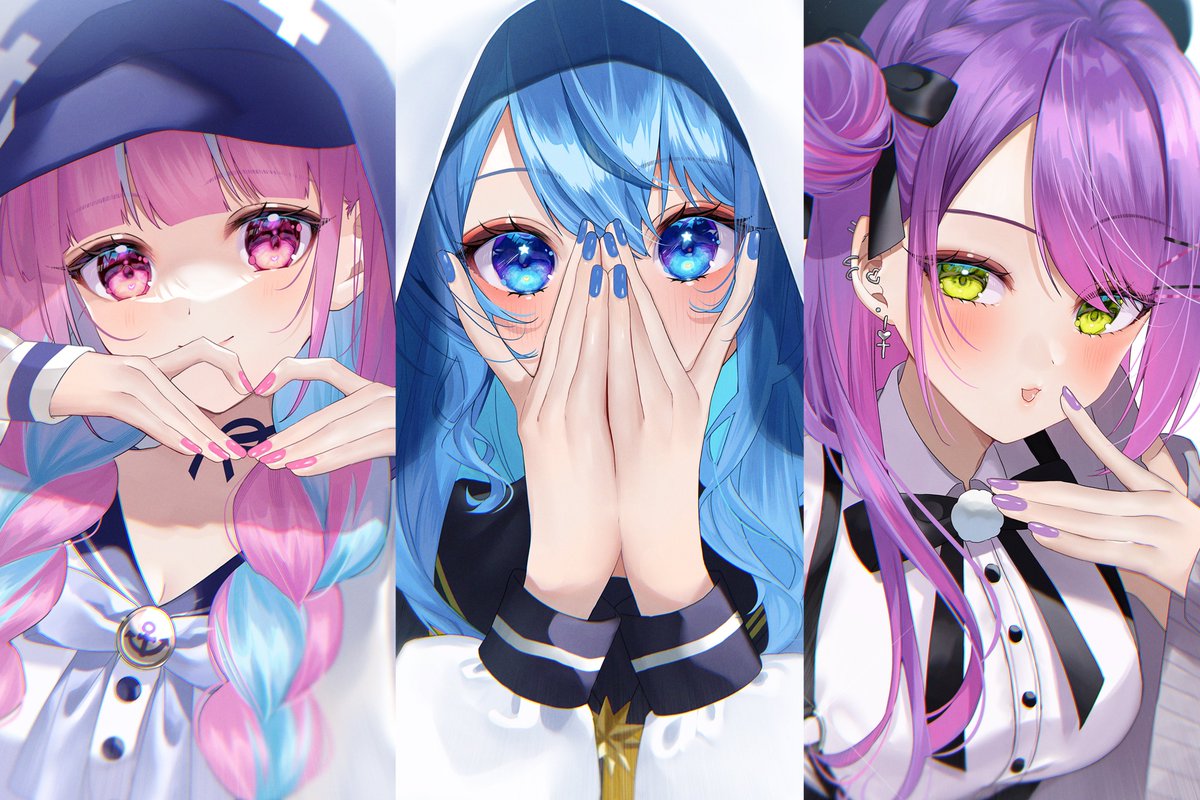 hoshimachi suisei ,minato aqua ,tokoyami towa 3girls multiple girls blue hair hood pink hair hood up purple hair  illustration images