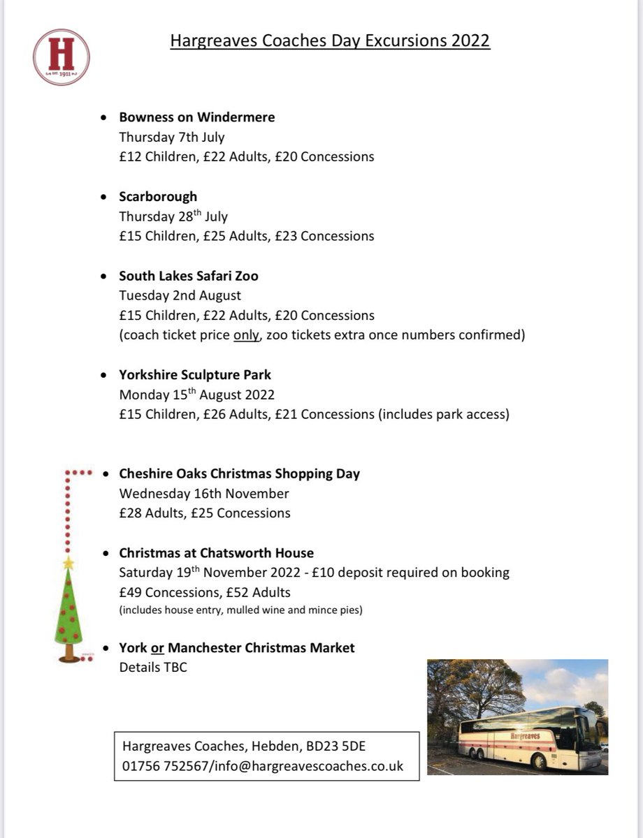 We still have some availability on our 2022 Day Trips 🚌 Day excursions are listed below; just contact us via our website hargreavescoaches.co.uk, email Katy at info@hargreavescoaches.co.uk, click here on our FB page or call us on 01756 752567