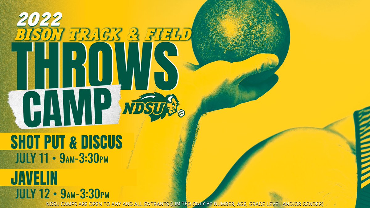 NDSUTrackField's tweet photo. 🚨𝐍𝐄𝐖 𝐂𝐀𝐌𝐏 𝐀𝐋𝐄𝐑𝐓🚨

Shot Put &amp; Discus Camp: 𝐉𝐮𝐥𝐲 𝟏𝟏

Javelin Camp: 𝐉𝐮𝐥𝐲 𝟏𝟐

To learn more about the camp or register visit: https://t.co/SzW2kdC8UI https://t.co/h1Ftr8Zses