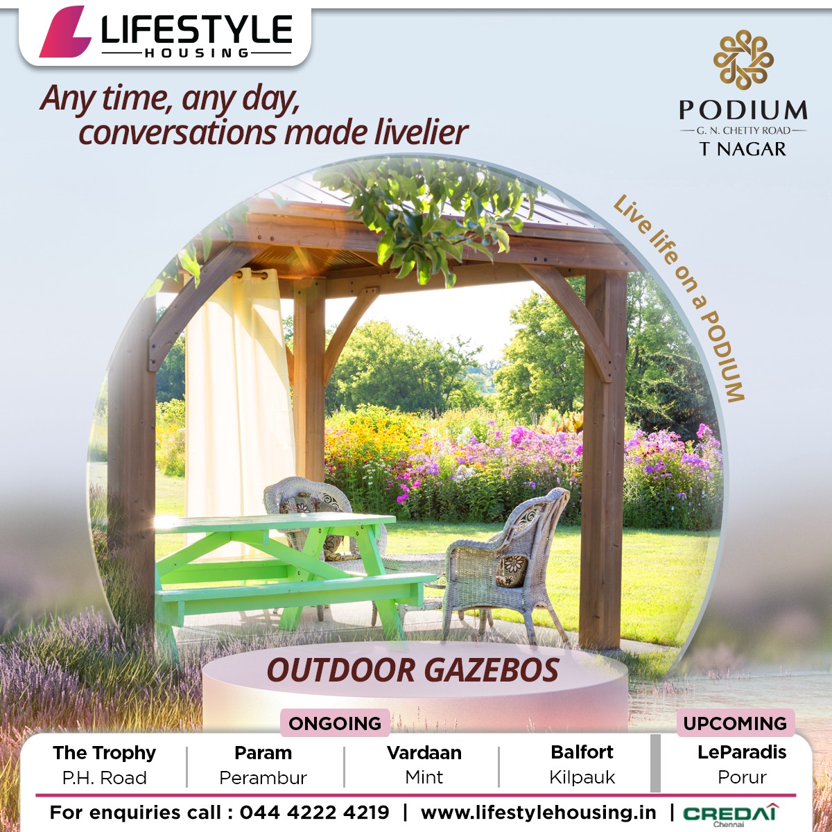 Any time, any day,  conversations are made livelier.
Outdoor gazebos encircled by greenery.

#lifestyle #lifestylehousing #realestate #greenry #gazebos #chennaihomes #dreahome #chennaiapartments #freshair