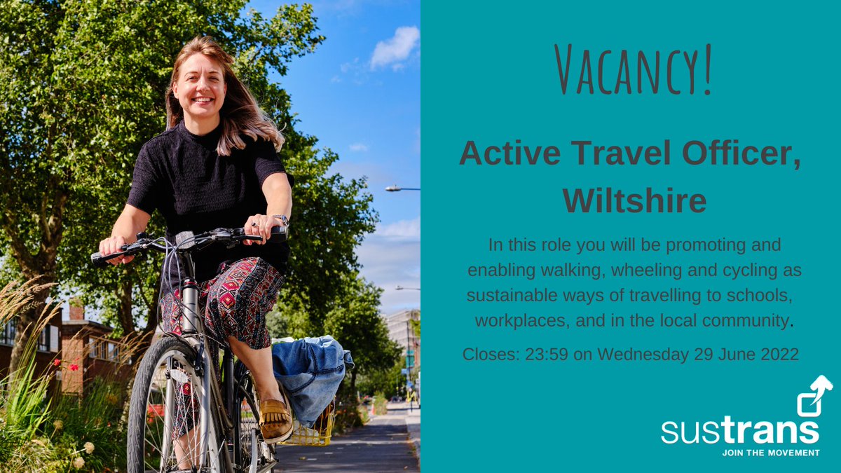 SustransSouth's tweet photo. #Vacancy! Do you want to help make a positive change for health, wellbeing and for the planet? Join @SustransSouth to support more people to choose #walking, #wheeling and #cycling in #Wiltshire. Apply today 👉 https://t.co/DZEQkjOTzT
#Hiring #JobAlert #ActiveTravel #GreenJobs https://t.co/JWJ3t2OlLH