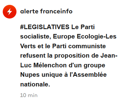 On se regroupe pour sauver les meubles, et ça ne pose pas de problème, on le fait même à l'arrache mais tenter de faire de la politique et montrer qu'ensemble on peut être une force d'alternance, c'est non merci. C'est quoi le but? faciliter le travail du RN? #nupes