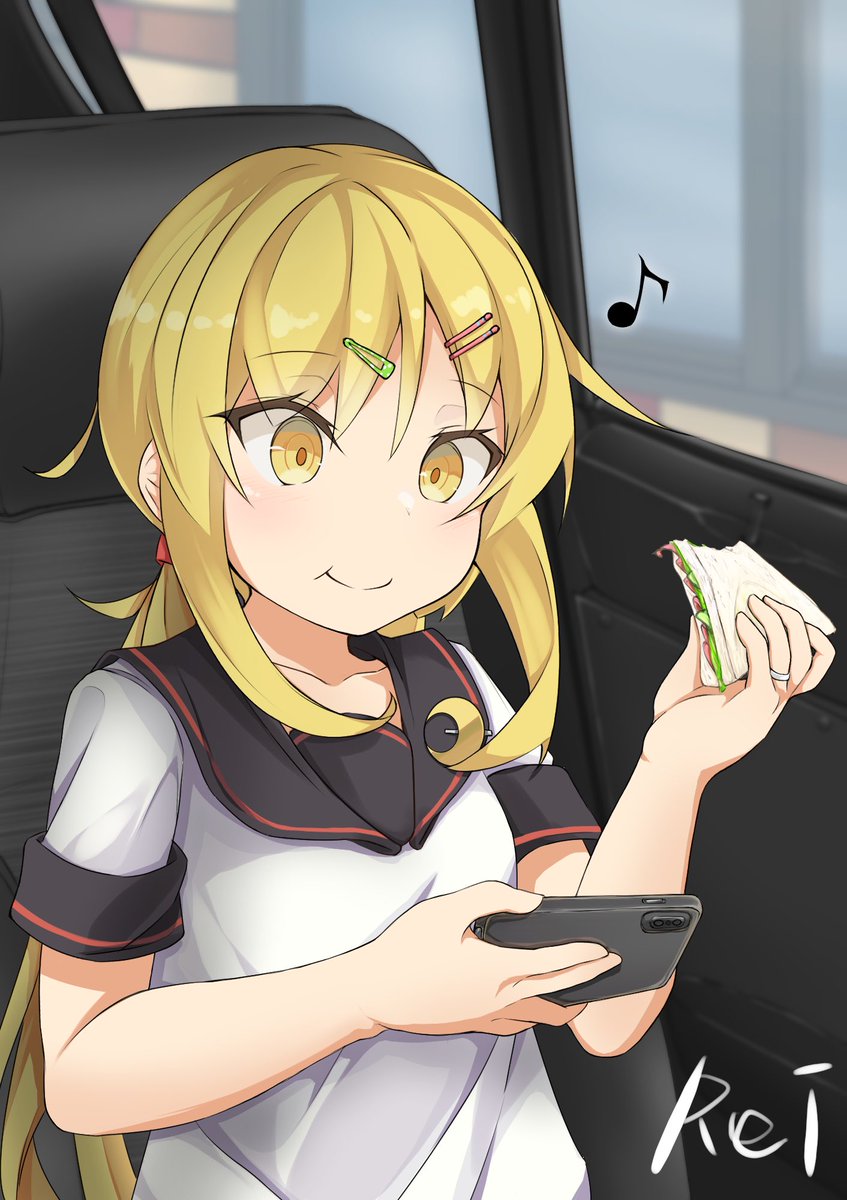 satsuki (kancolle) 1girl black sailor collar blonde hair solo long hair phone cellphone  illustration images