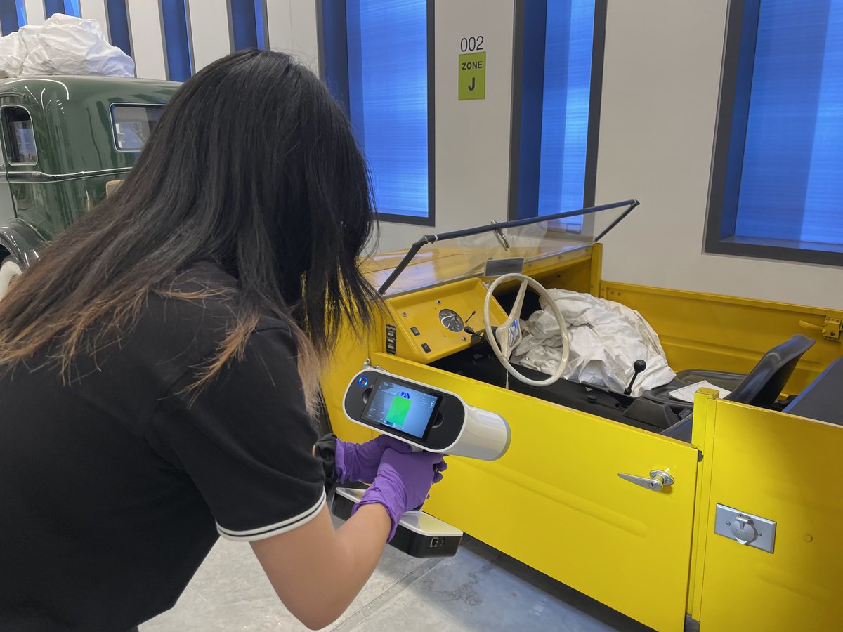 L_DiVito's tweet photo. Carleton co-op students, Max and Emily, testing out the capabilities of the Ingenium Digital Innovation Lab's new #3D scanners while behind the scenes in the #artifact storage at the Ingenium Centre! 
Artifacts: washing machine, and early electric vehicle from the 70s. 
#museum https://t.co/VGjN7mQXk1