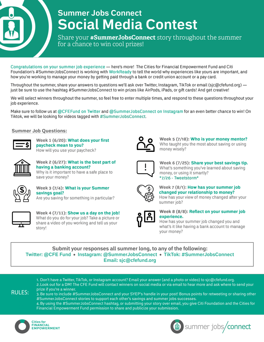 PYNinc's tweet photo. Excited to kick off the @CFEfund #SummerJobsConnect campaign! Young people can respond to each week's prompt and tag #SummerJobsConnect for a chance to win AirPods, iPads and other prizes!

What are your plans for your first #WorkReadyPHL paycheck? Tag @pyninc in your responses! https://t.co/PJ0wJU07lr