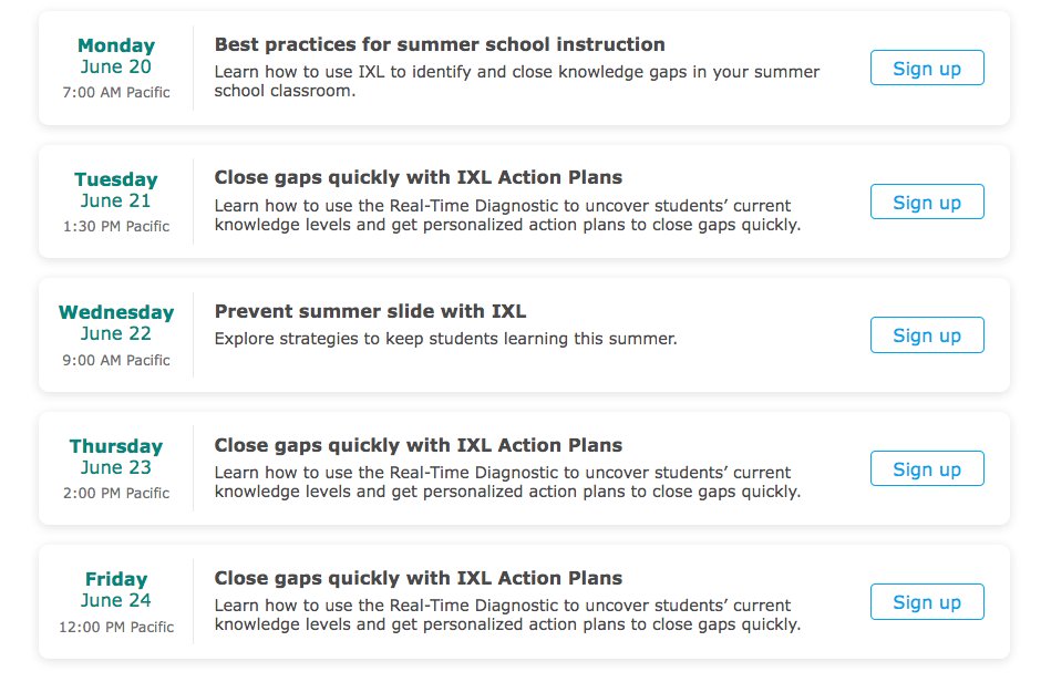 IXLLearning's tweet photo. Teaching summer school this year? IXL can help! See how in this week's free webinars: https://t.co/zo40NfQIuT https://t.co/3usupn9Xe9