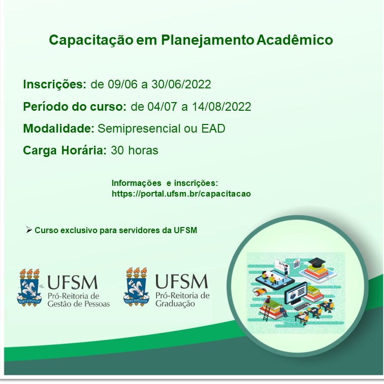 progradUFSM's tweet photo. #UFSM: Inscrições na Capacitação em Planejamento Acadêmico seguem até 30/6 👉https://t.co/DFxMKznBVT 

📌O curso é voltado a secretários(as), coordenadores(as) de curso e chefias de departamentos didáticos

🖥️O público pode optar entre duas turmas: Semipresencial ou EaD

#SouUFSM https://t.co/Bpyzw6sZ7b