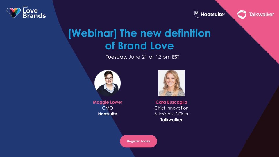 Looking to boost your brand in H2? Join <a href="/maggiemlower/">Maggie Lower</a>, CMO at <a href="/hootsuite/">Hootsuite 🦉</a> and <a href="/CaraBuscaglia/">Cara Buscaglia</a>, CIO at Talkwalker on Tuesday, June 21 at 12 pm ET to learn how to monitor your #BrandLove by measuring Trust, Passion, and CSAT scores.

Register now: talkwalker.com/webinar-signup…
