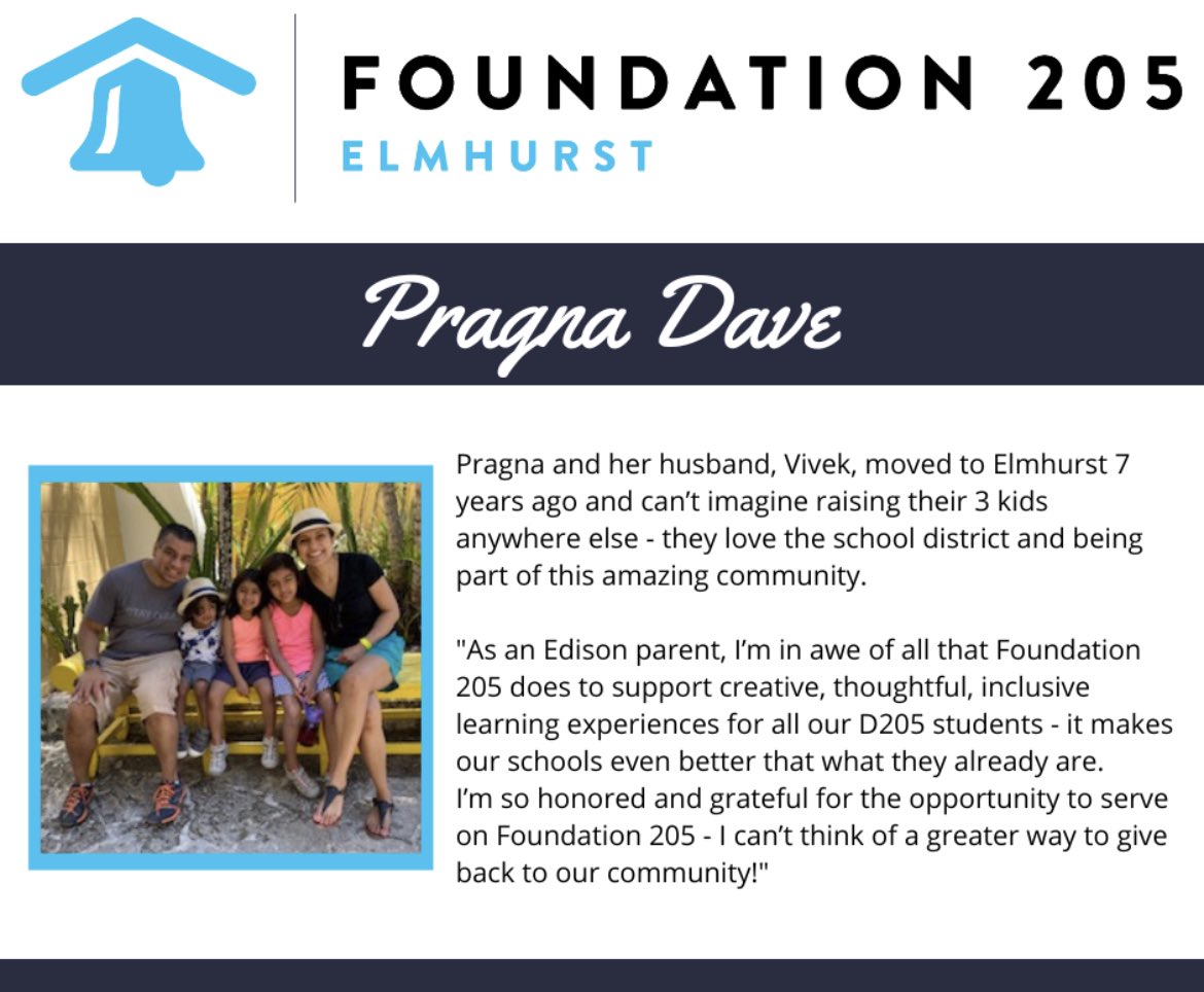 Please welcome Pragna Dave to the Foundation 205 board! #ignite205 #foundation205 #elmhurststrong #allinforD205