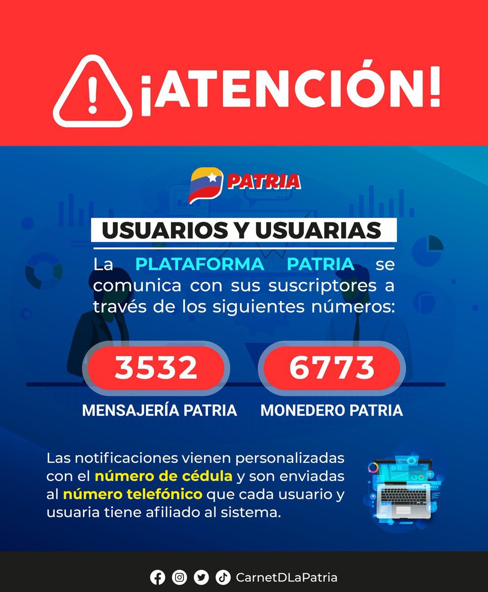 #SepaQué || Es importante tomar en consideración el Sistema <a href="/CarnetDLaPatria/">Carnet de la patria</a> se comunica con sus usuarios y usuarias a través de los números 3532 y 67373 e incluye en sus mensajes la cédula de la persona a quien va destinado el texto.

<a href="/veQRSocial/">veQR - Somos Venezuela</a> #20Jun #SomosPatriaSoberana