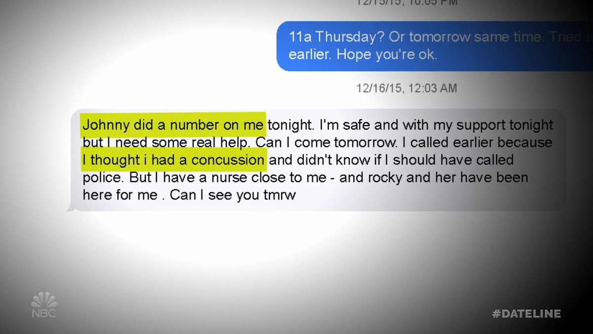 cora_melodie_'s tweet photo. Never seen text messages from Amber Heard sent to her therapist for one and to her dad for the other which were both objected to in court were shown to Savannah Guthrie. 

"Johnny did a number on me tonight [...] I thought I had a concussion" 

#IStandWithAmberHeard https://t.co/0Lp0ZRm68J
