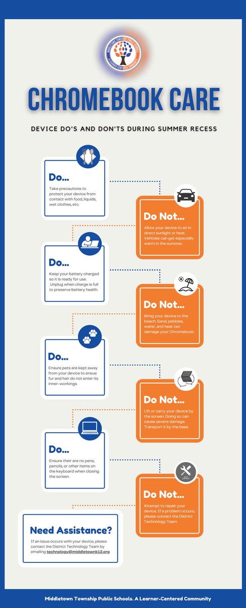Some helpful Chromebook Do's and Don'ts for <a href="/MTPSpride/">Middletown Township Public Schools</a> students who are keeping their devices over the summer.