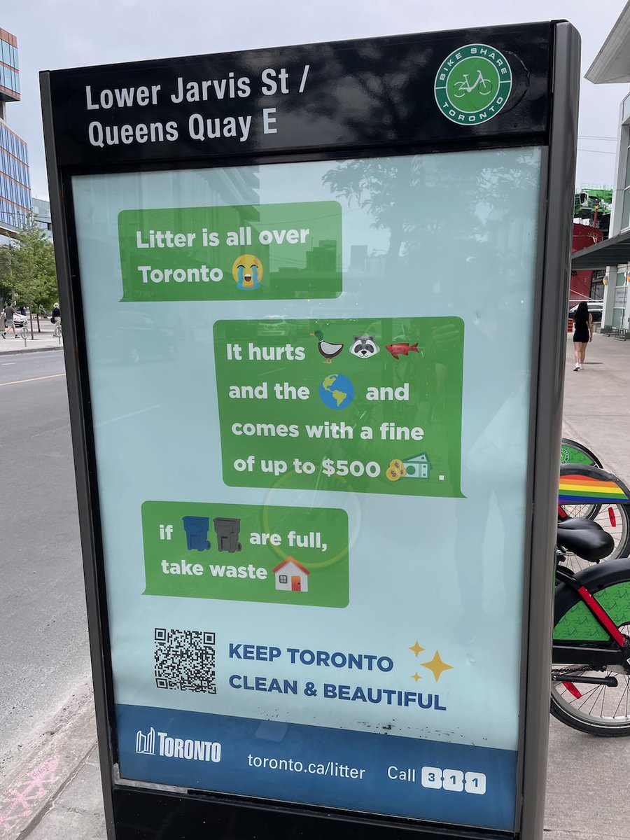 Lot of emojis to parse here, but I think the gist of this city ad campaign is something like: Toronto is full of litter, our trash bins are often full, and it’s your fault.