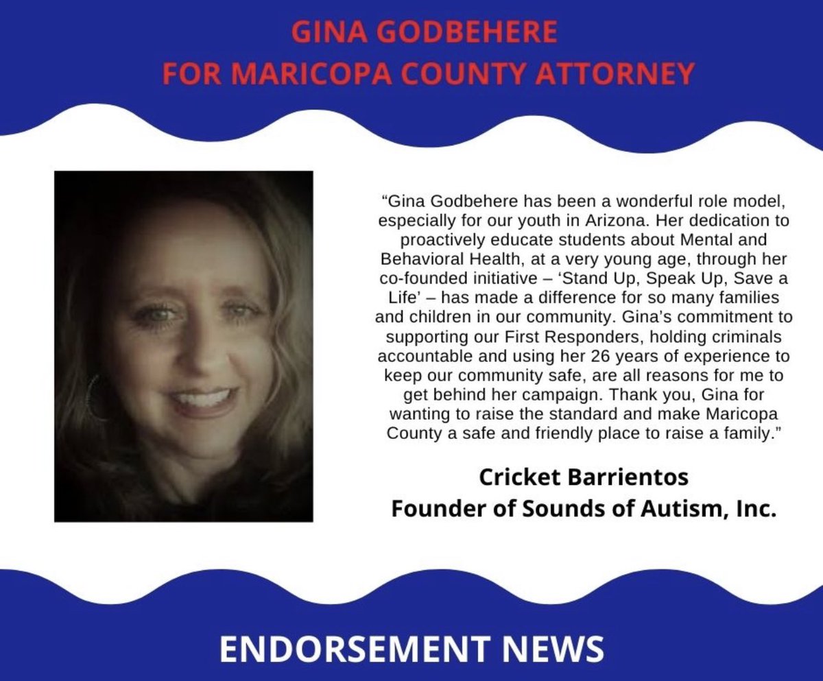 GinaGodbehere's tweet photo. I am proud to announce the endorsement of Sounds of Autism Founder Cricket Barrientos. Thank you for your trust and support.
To learn about my campaign, please visit my website at http:// https://t.co/IqhnGkf6uQ
#ProvenProblemSolver #CourageCreatesChange https://t.co/erM9wbZeKw