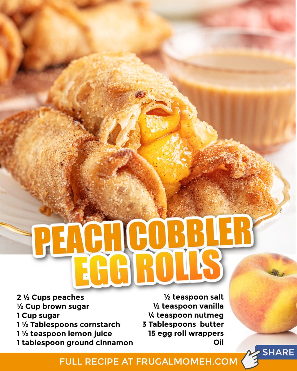 These Peach Cobbler egg rolls combine the sweet taste of peaches, with cinnamon and sugar, all wrapped up in crispy egg roll wrappers.

Get the FULL recipe &gt;&gt; frugalmomeh.com/peach-cobbler-…