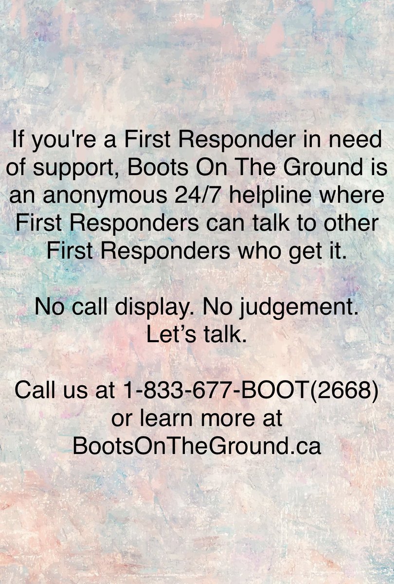 BootsOTGround's tweet photo. If you’re a #FirstResponder, or you have a family member, friend, colleague, neighbour, acquaintance, please let them know about @BootsOTGround.  We’re here 24/7 - 365.  No judgment.  We’re hear to listen.  We’re here to help. https://t.co/nrR52cqwls