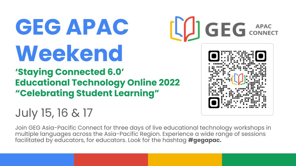 #gegapac Educational Technology Online weekend is coming back soon with the theme of 'Celebrating Student learning'
Look out for the call for speakers and more details.
<a href="/nathangildart/">Nate Gildart</a> <a href="/jgarygarcia/">Gary Garcia 👨‍💻 EdTech and Beyond</a> <a href="/EmkayIdzwan/">Emkay Idzwan</a> <a href="/maansdg/">Maan S. De Guzman</a>  <a href="/sangeetagulati9/">𝓢𝓪𝓷𝓰𝓮𝓮𝓽𝓪 𝓖𝓾𝓵𝓪𝓽𝓲</a> <a href="/SanchitaGhosh17/">Sanchita Ghosh</a> <a href="/HonapReshma/">Reshma Honap</a> <a href="/DrNarjeet/">Dr. Narjeet Kaur</a>