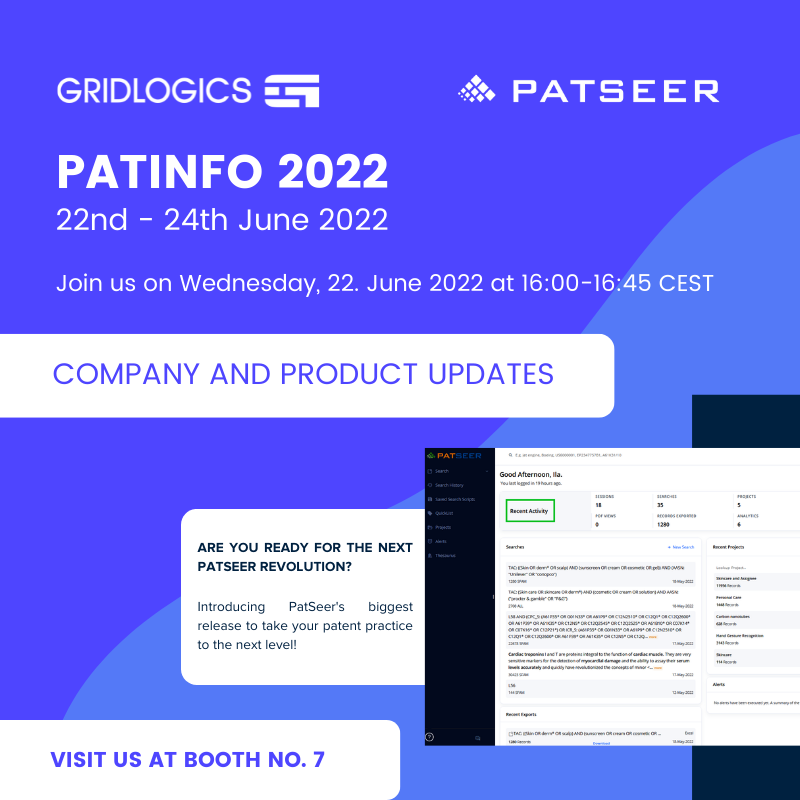 gridlogics's tweet photo. Join Gridlogics at #PATINFO 2022, from 22nd to 24th June 2022 in Suhl, Germany.
We look forward to seeing you at booth no.7 to try out the latest #PatSeer updates and developments on June 22, 2022, Wednesday at 16:00- 16:45 CEST.
For registration visit - https://t.co/XVQUv9J0q0 https://t.co/VdVKGYZwJj