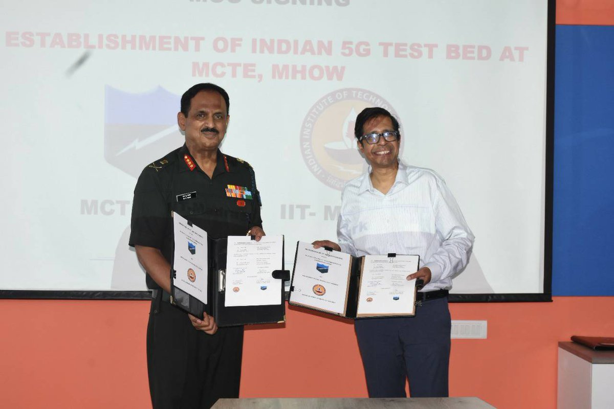adgpi's tweet photo. A Memorandum of Understanding #MoU was signed between Military College of Telecommunication Engineering #MCTE, Mhow &amp; IIT Madras to establish an Indian 5G Test Bed at #MCTE. #MoU will facilitate #IndianArmy to utilise 5G technology for its operational use.

#InStrideWithTheFuture https://t.co/3Jm3wLShAD