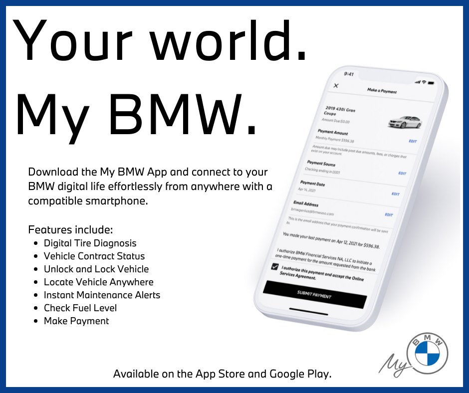 Your World... MyBMW. From finding your car in a busy parking lot to scheduling a service appointment, the MyBMW App gives you access to your vehicle from anywhere! 
Available on the App Store or Google Play!
#MyBMW #EffortlessConnectivity #AccessAnywhere #BMWLife #ThinkGalleria
