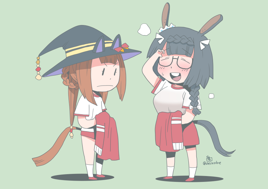 sweep tosho (umamusume) multiple girls 2girls animal ears braid hat glasses witch hat  illustration images