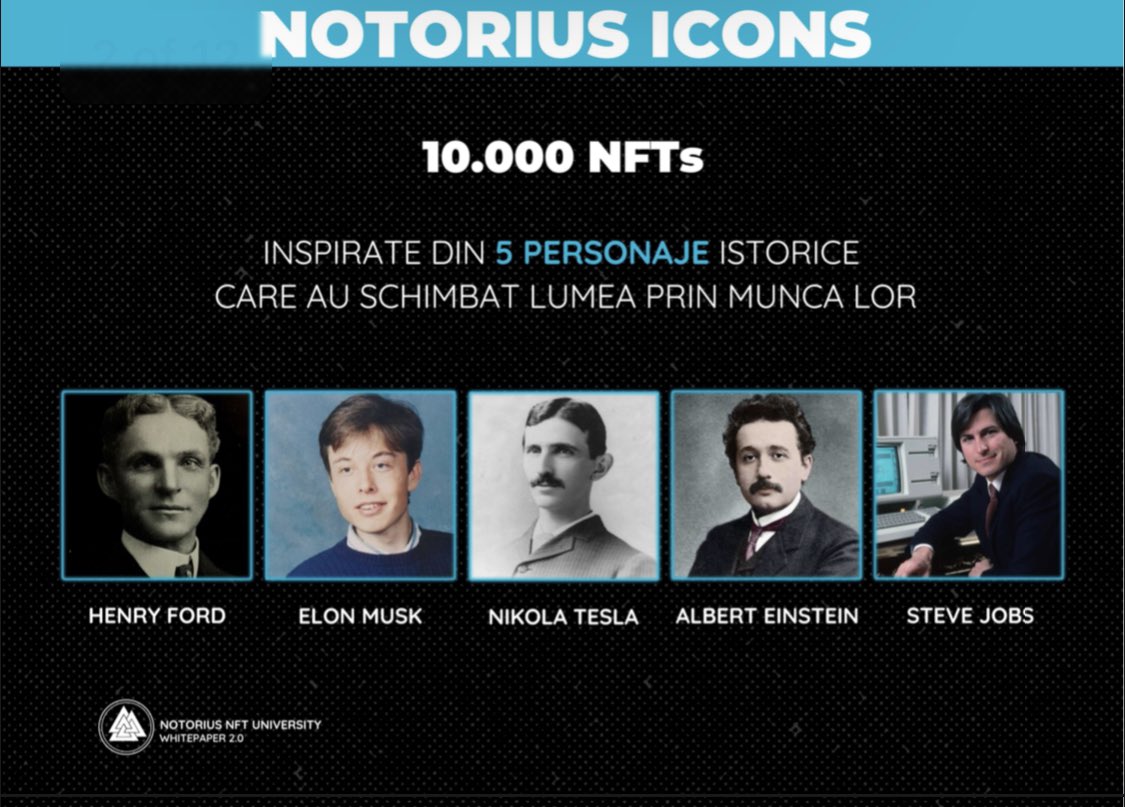 NotoriusIcons's tweet photo. 10.000 NFTs, 5 Personaje istorice! 

Aleși pentru că au schimbat lumea cu ideile lor și mai ales cu munca lor📚 Aleși pentru că UTILITATEA principală a NFT-urilor este Educația

Pe Elon l-am ales și ca să avem pile la Twitter... https://t.co/ivQaacjITS