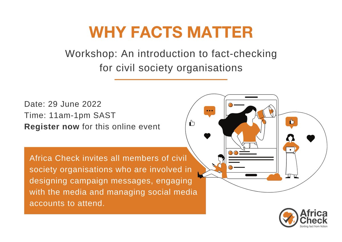 AfricaCheck's tweet photo. [WEBINAR] Do you work for a civil society organisation? 

We’re hosting an introduction to fact-checking workshop on 29 June.

📌 Register: https://t.co/0kSafiaWFH https://t.co/qOwryUNlXf