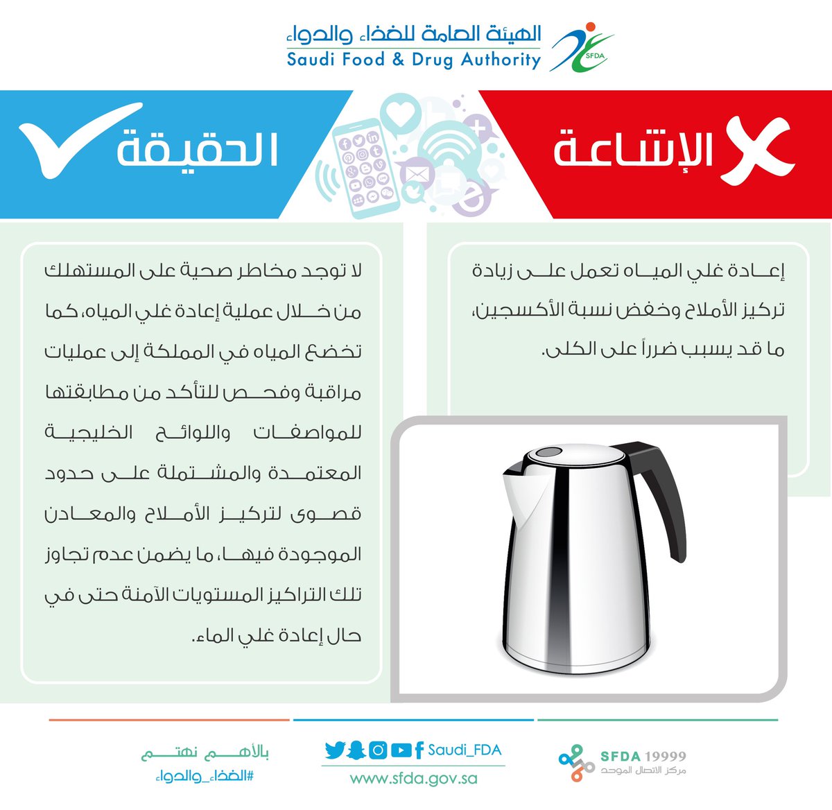 suhahashimm's tweet photo. من الاشاعات ان تكرار واعادة تسخين الماء بأي طريقة كانت تسبب مشاكل صحية وزيادة تركيز الاملاح به والحقيقة تكرار عملية غلي وتسخين المياه فإنه لا يشكل خطراً على صحة المستهلك. ولا يعمل على تركيز الاملاح في الماء المعاد تسخينه ابدا مهما تكرر التسخين والغلي https://t.co/JBpDqGiQm4
