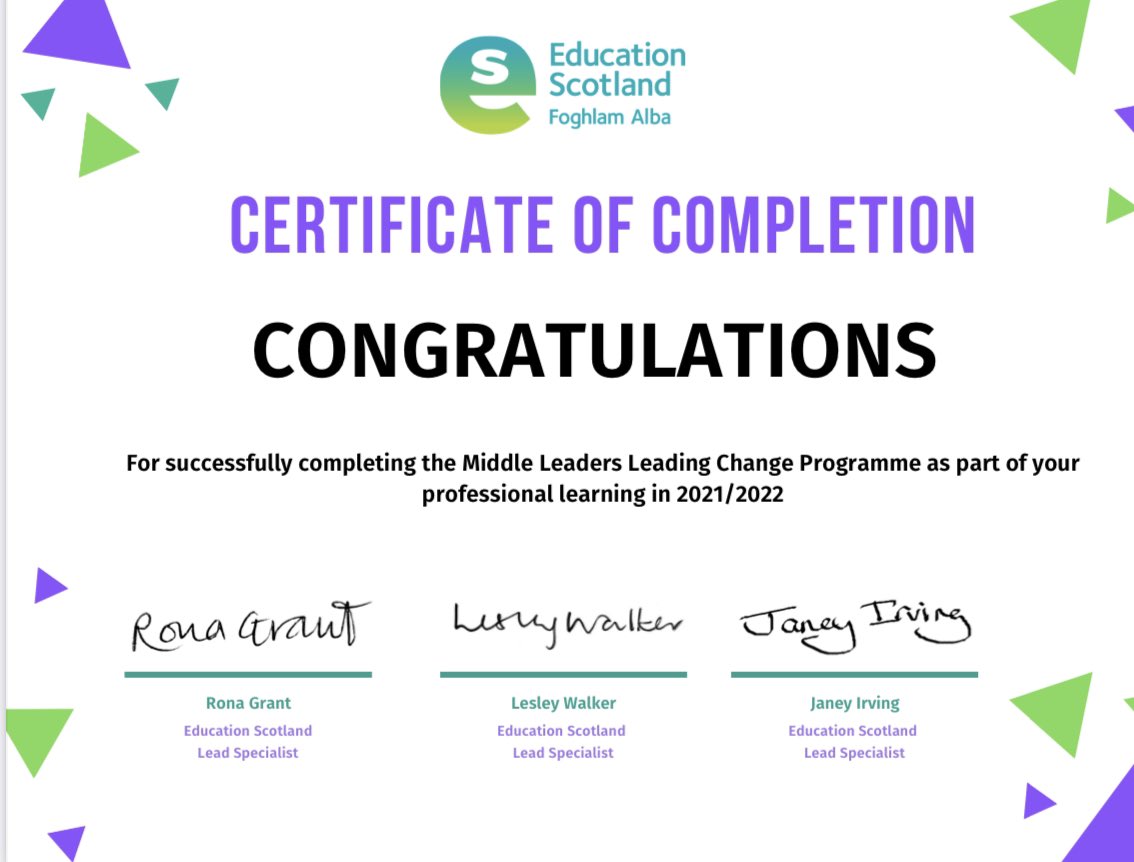 MissCEdu's tweet photo. Super chuffed to receive my Middle Leaders Leading Change certificate from @EducationScot . Really enjoyed the coaching and mentoring unit and having a chance to network with other PTs from across the country #lifelonglearning #CLPL #MLLC https://t.co/vGXuXHvPu3