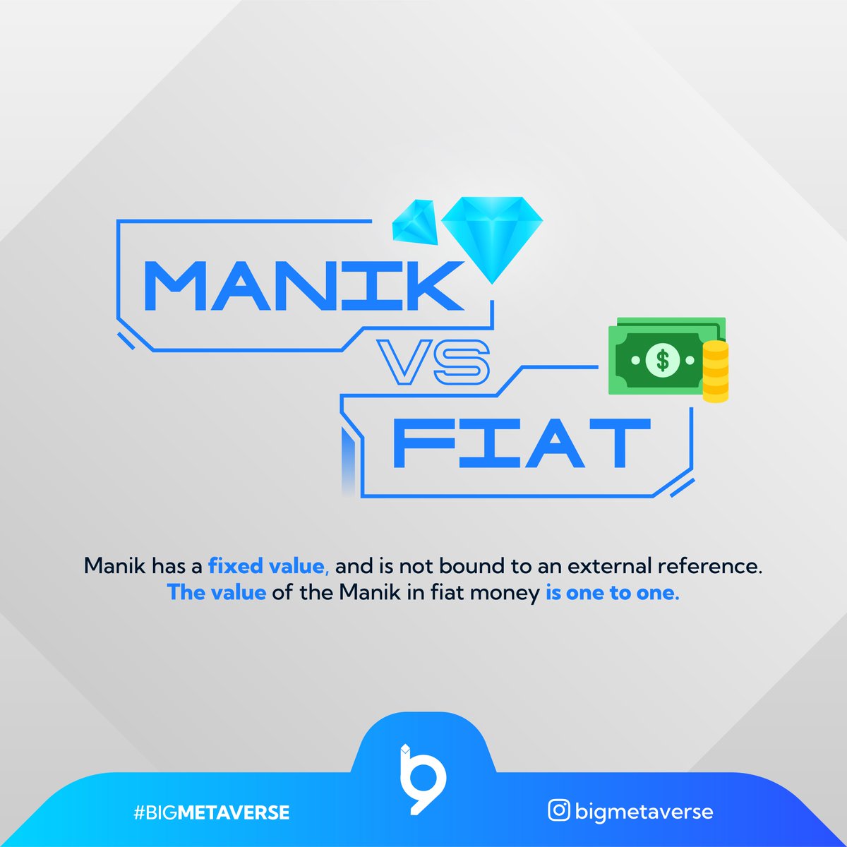 MetaverseBIG's tweet photo. Manik has a fixed value, and is not bound to an external reference.
The value of the Manik in fiat money is one to one.

#metaverse #metaversegame #metaverseart #metaversecrypto #BIGlobby #BIGcoin #bridgeingain #crypto #cryptoartist #cryptoart #cryptoartcollector #cryptobusiness https://t.co/wnjGmX3BPc