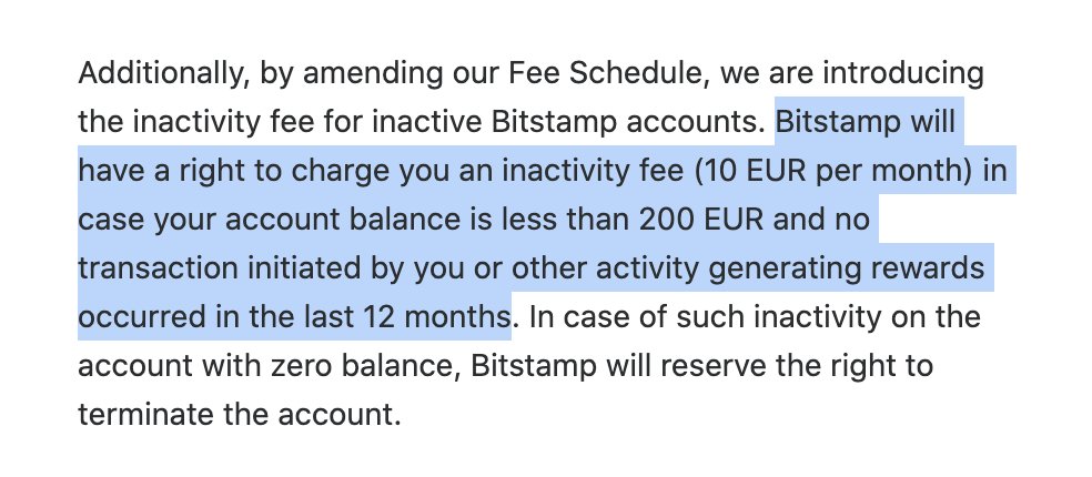 paddi_hansen's tweet photo. The largest European crypto exchange @Bitstamp has started charging an inactivity fee (10€/month) for small (<200€) and inactive accounts (last 12 months). For inactive zero balance accounts, Bitstamp reserves the right to terminate the account. https://t.co/GG8rjOuZQa