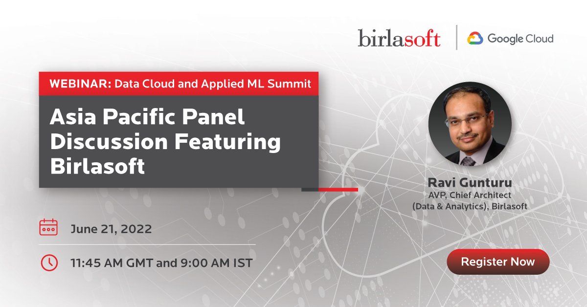 birlasoft's tweet photo. Gain insights from our subject matter expert Ravi Gunturu speaking at the event Data Cloud and Applied ML Summit organized by @googlecloud.

Click Here to Register:- https://t.co/GpQTG6xu5R

#cloud #ML #analytics https://t.co/mzpziYZXho