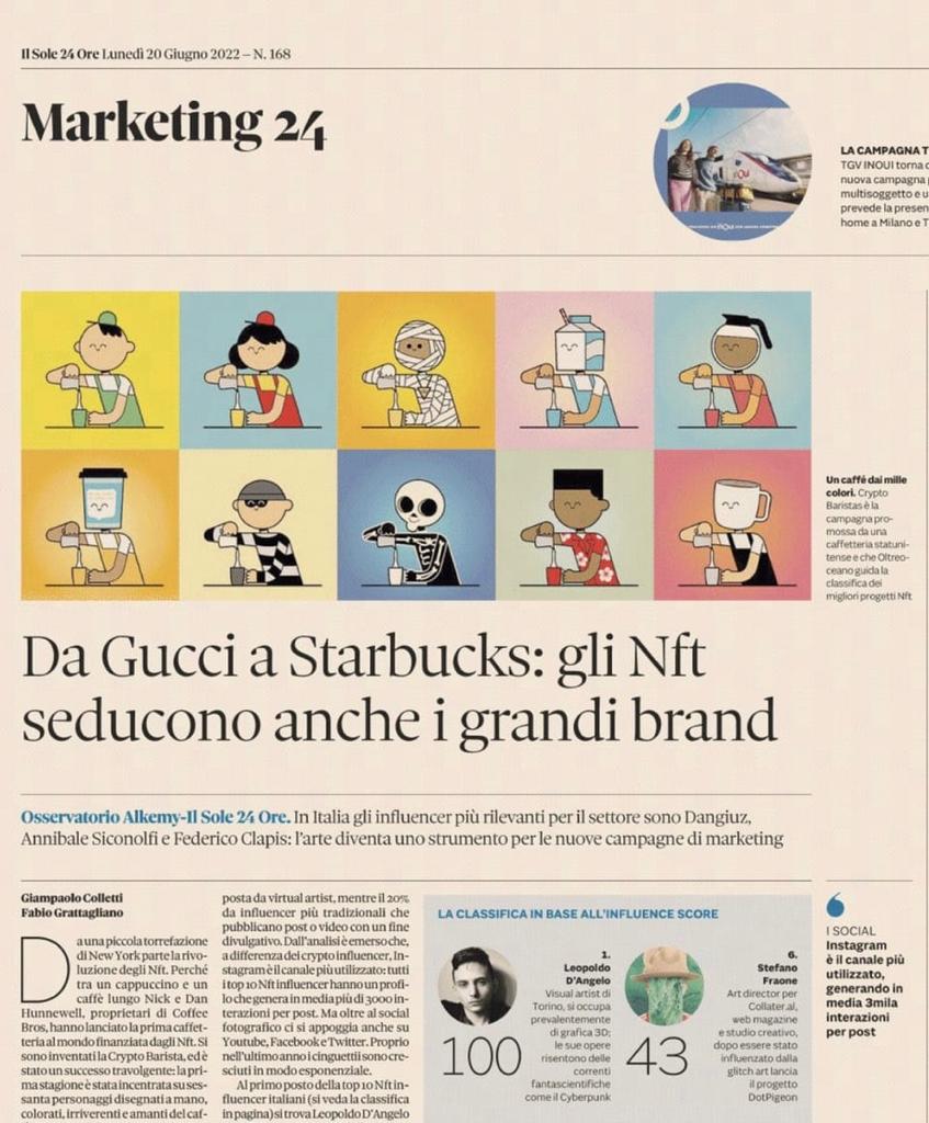 Nella sezione #marketing del @sole24ore in edicola l'Osservatorio Alkemy-IlSole24ORE con la classifica degli #NFT #influencer italiani. L'arte come strumento per le nuove campagne di marketing! @gpcolletti @KarenNahum #enablingevolution