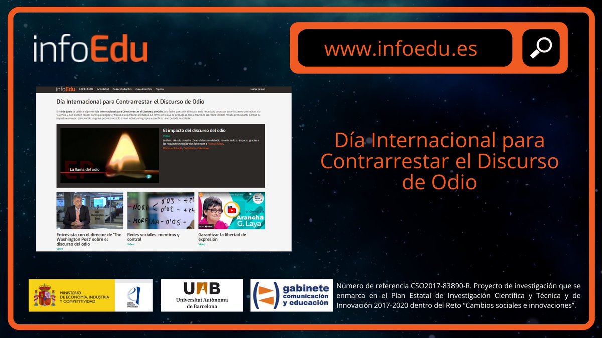 INFOEDUes's tweet photo. 💻¡Nueva portada disponible!
🗣️Esta semana #InfoEdu dedica su portada al Día Internacional para Contrarrestar el Discurso de Odio, una fecha que pone el énfasis en la necesidad de actuar ante discursos que incitan a la violencia.
🔗Entra en https://t.co/Lirh3Qanf6 y explora https://t.co/nssefZXTEe