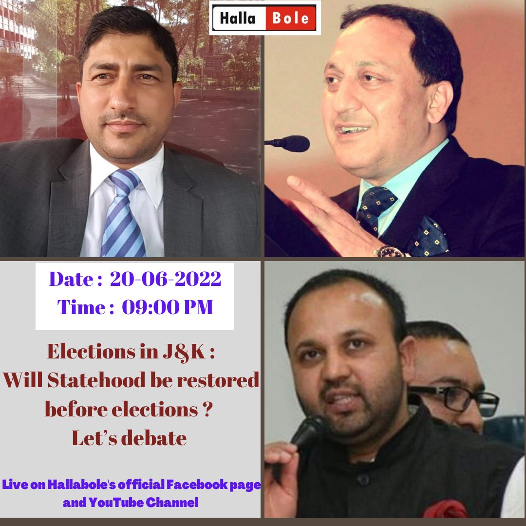 Hallabole1's tweet photo. Elections in J&amp;K : Will Statehood be restored before elections ?
Let's Debate https://t.co/HAMFiwLJEk