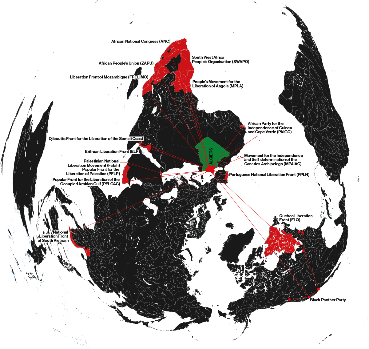 TheFunambulist_'s tweet photo. "Algiers became the “Mecca of revolutionaries,” as described by Amílcar Cabral, founder of the African Party for the Independence of Guinea and Cape Verde."

Here's a cartographic attempt at depicting Algiers as the capital of revolutionaries in the 1960s. (Map by Léopold) https://t.co/pFmLVtox8p