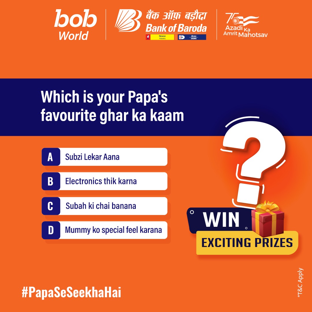 bankofbaroda's tweet photo. Answer the question in the comments section below and win an amazing Gift Card for your papa this #FathersDay!

Contest T&amp;C: https://t.co/yTDTW0QYNA

#BankofBaroda #PapaSeSeekhaHai #AzadiKaAmritMahotsav @AmritMahotsav https://t.co/NRzsARmi8O