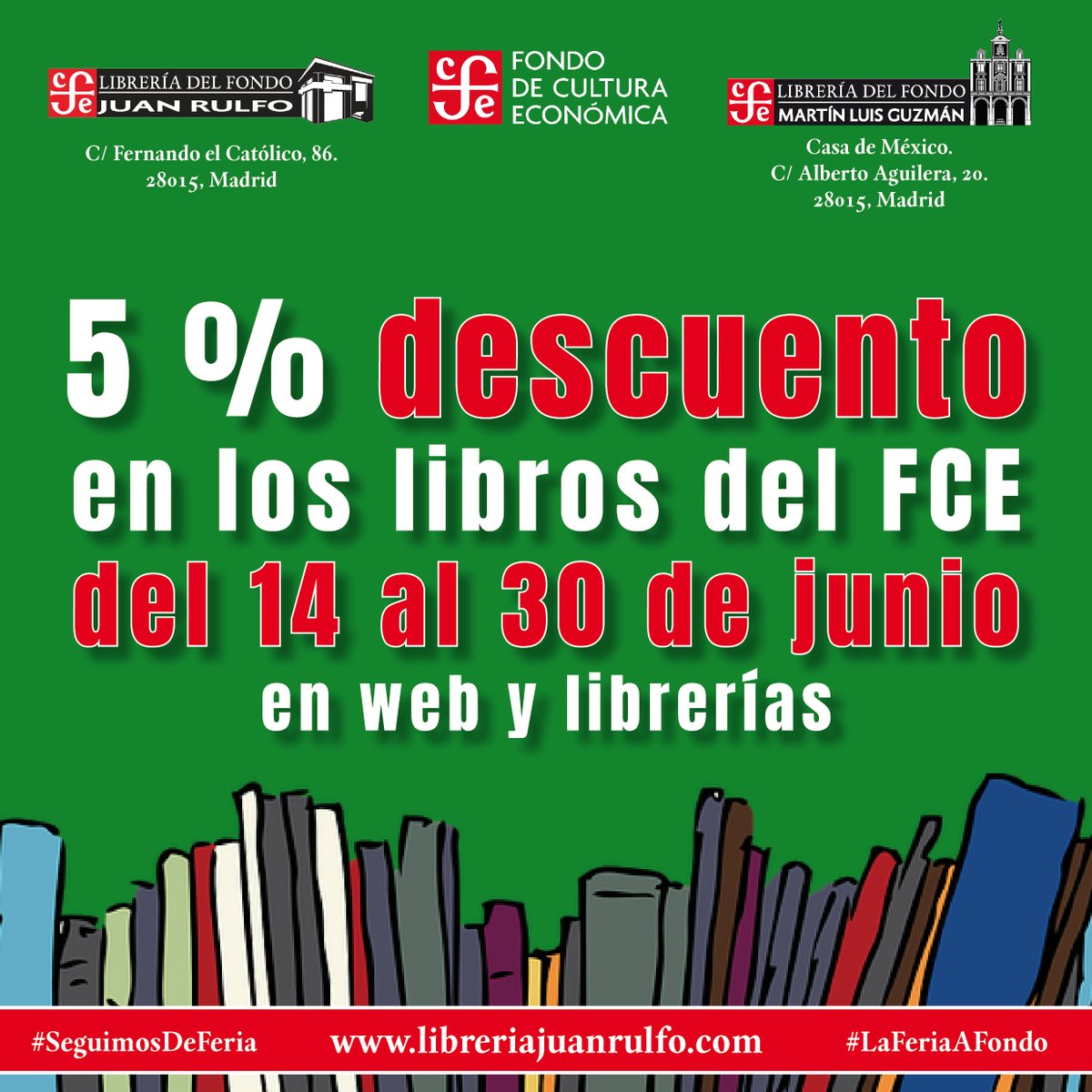 FCEEspana's tweet photo. ¿Ya sabes que durante este mes de junio en nuestras #LibreríasFCEEspaña y en la web https://t.co/pseU0QZJGg te hacemos un descuento del 5% en los libros de nuestro catálogo?
#SeguimosDeFeria #LaFeriaAFondo
#LibreríaJuanRulfo #LibreríaMartínLuisGuzmán https://t.co/9xsdWVWZgq