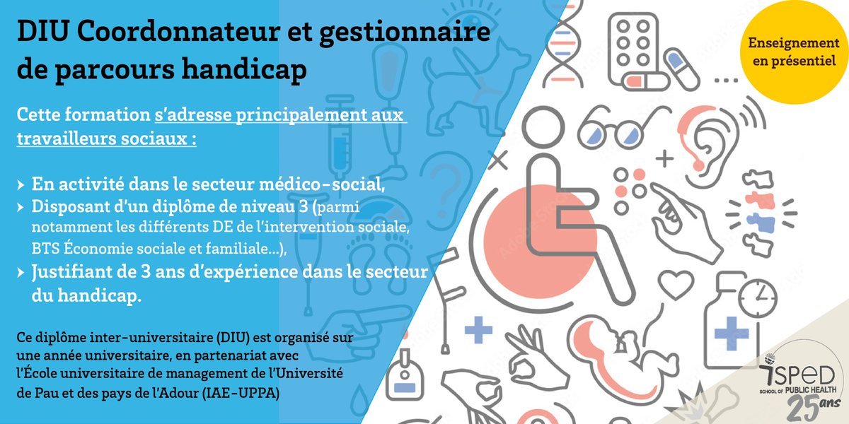 #formation #santépublique #handicap
Les inscriptions au #DIU « Coordonnateur et gestionnaire de parcours handicap » sont encore ouvertes. Ce diplôme est organisé sur en partenariat avec l’École universitaire de management de <a href="/universite_uppa/">Université de Pau et des Pays de l'Adour (UPPA)</a> ℹ️ bit.ly/3xDWelU