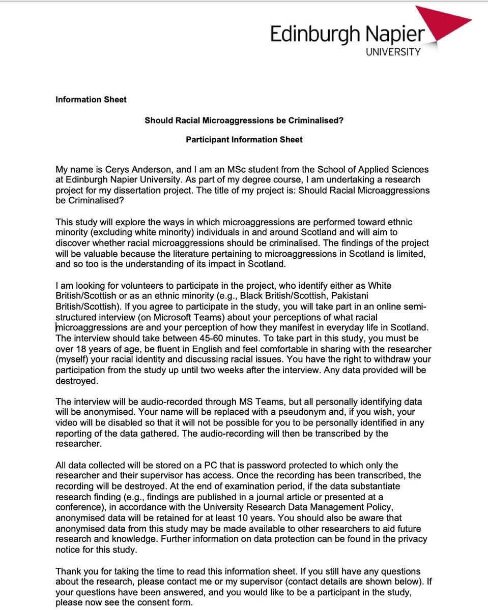 cerysanderson_x's tweet photo. *SCOTLAND ONLY/RT*
looking to recruit participants 18+ and living in Scotland to take part in a study about racial microaggressions in Scotland. Preferably looking for people I don't know personally. All info below. Pls contact 40314511@live.napier.ac.uk to express interest! https://t.co/5QFvxCnaVL