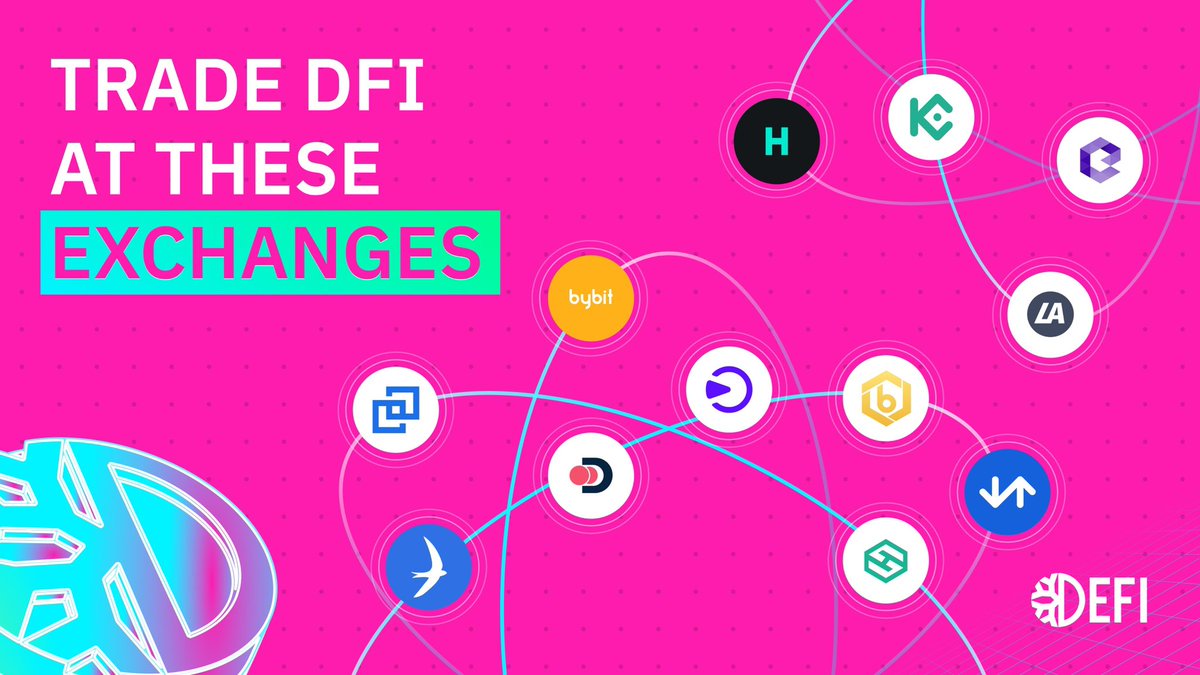 defichain's tweet photo. With the new @Bybit_Official listing, $DFI is now available on more than a dozen exchanges. Can you name them all? https://t.co/lUZogZStLa