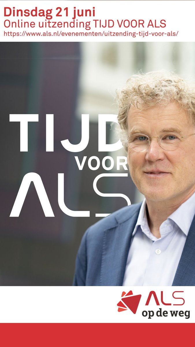 Op dinsdag 21 juni, Wereld ALS Dag, lanceert <a href="/ALSnederland/">ALS Nederland</a> om 11.00 uur de nieuwe online uitzending Tijd voor ALS. Het informatieve programma gaat in op alles waar patiënten en hun naasten mee te maken krijgen na de diagnose ALS, PSMA of PLS. als.nl/evenementen/ui…